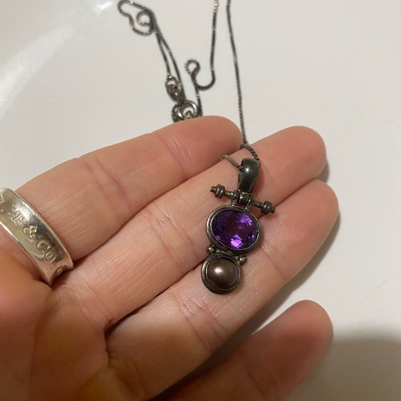 Jewelry - Vintage Ethnic Sterling Amethyst Pendant 925 Necklace With Pearl?